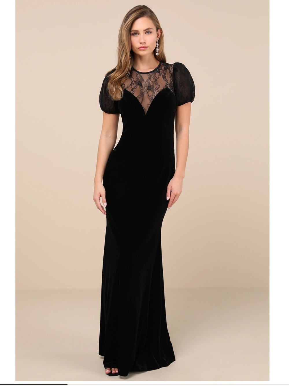 Lulus Alluring Event Black Velvet Lace Puff Sleeve Maxi Dress Formal Event Small